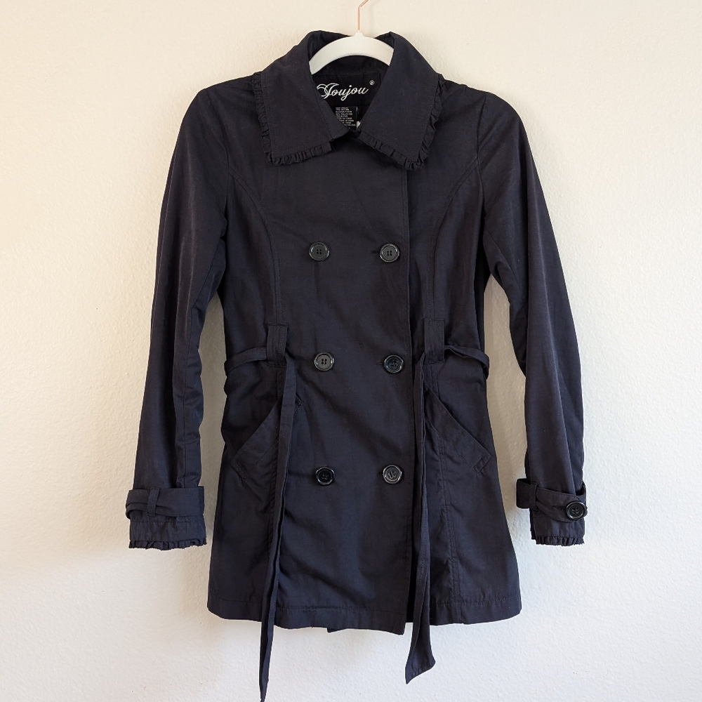 Black Double-Breasted Trench Coat with Ruffles - Girls 14/16 also fits Women's S